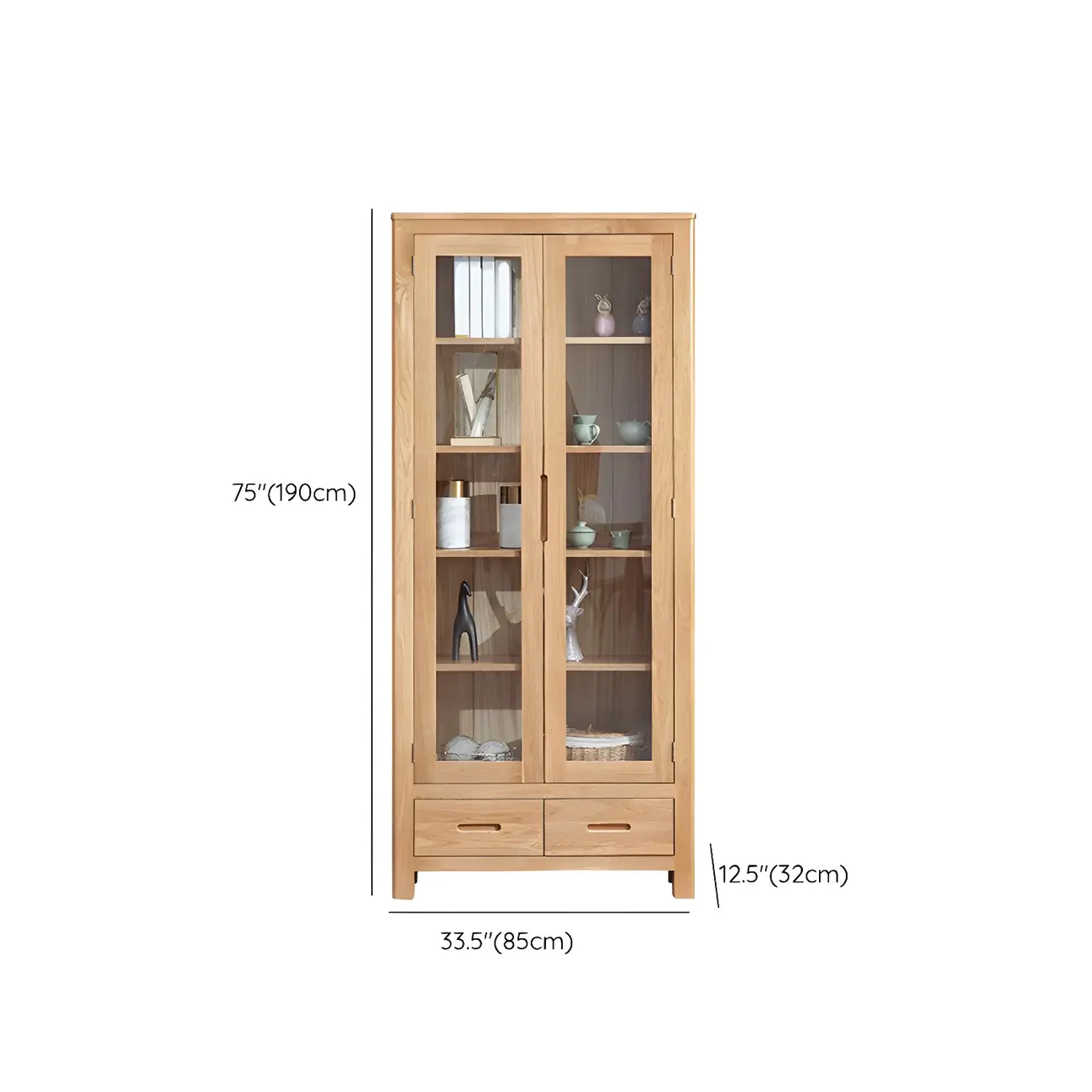 2-Drawer Natural Wood Display Cabinet Adjustable Shelves
