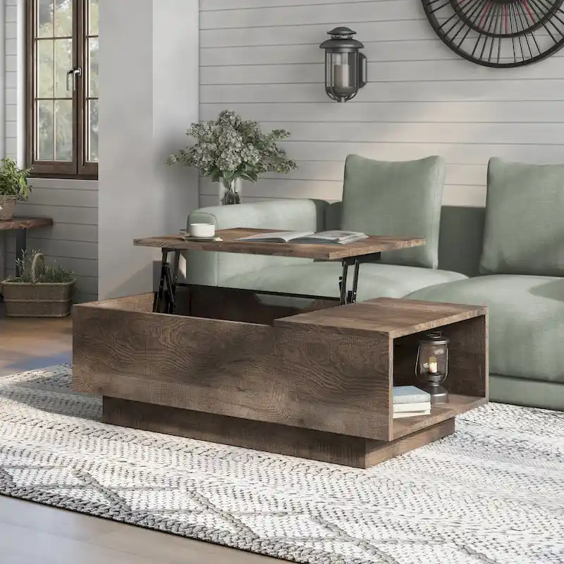 Rustic Lift-Top Coffee Table with Side Shelf, 47