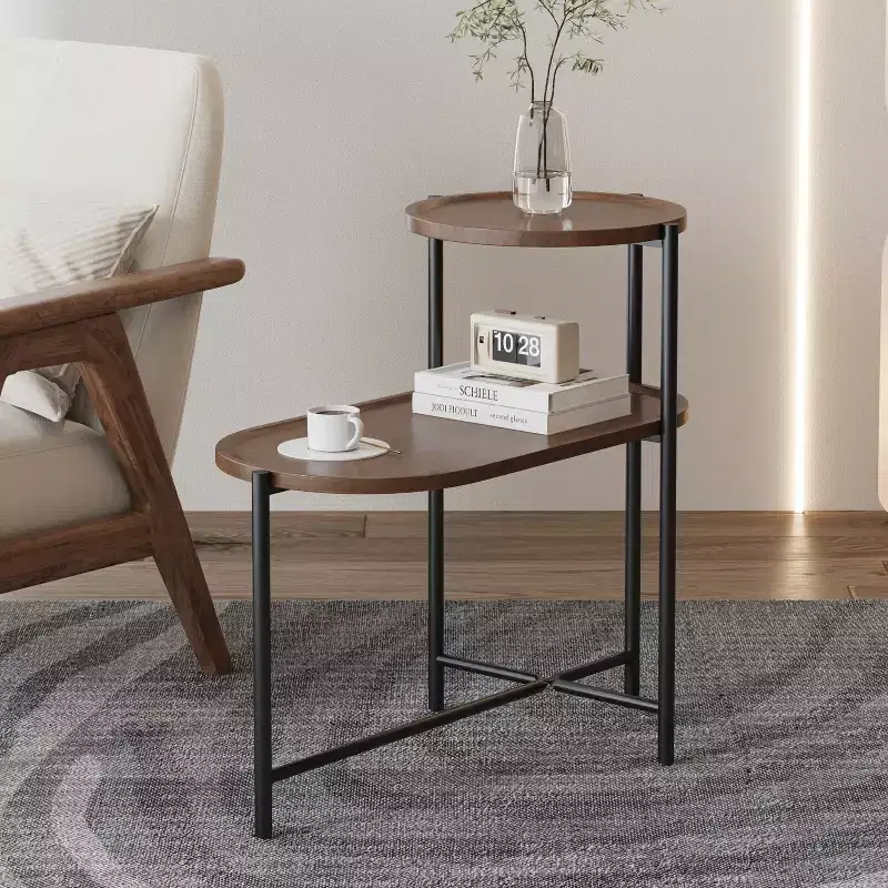JVNOXK Small Coffee Tables 2-tier Modern Sofa Side Table with Wood Storage Shelf Living Room End Tables Nightstands (Walnut Brown)