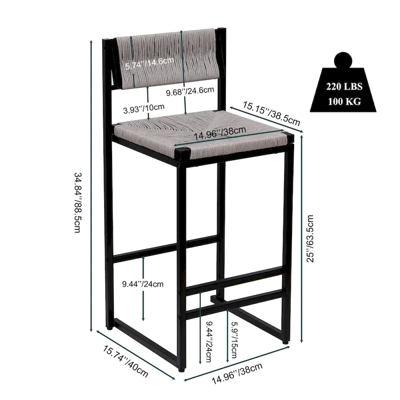 Counter Height Bar Stools Set of 2, Kichen Island Chairs with Back, Armless Dinning Room Chairs with Hand Weave