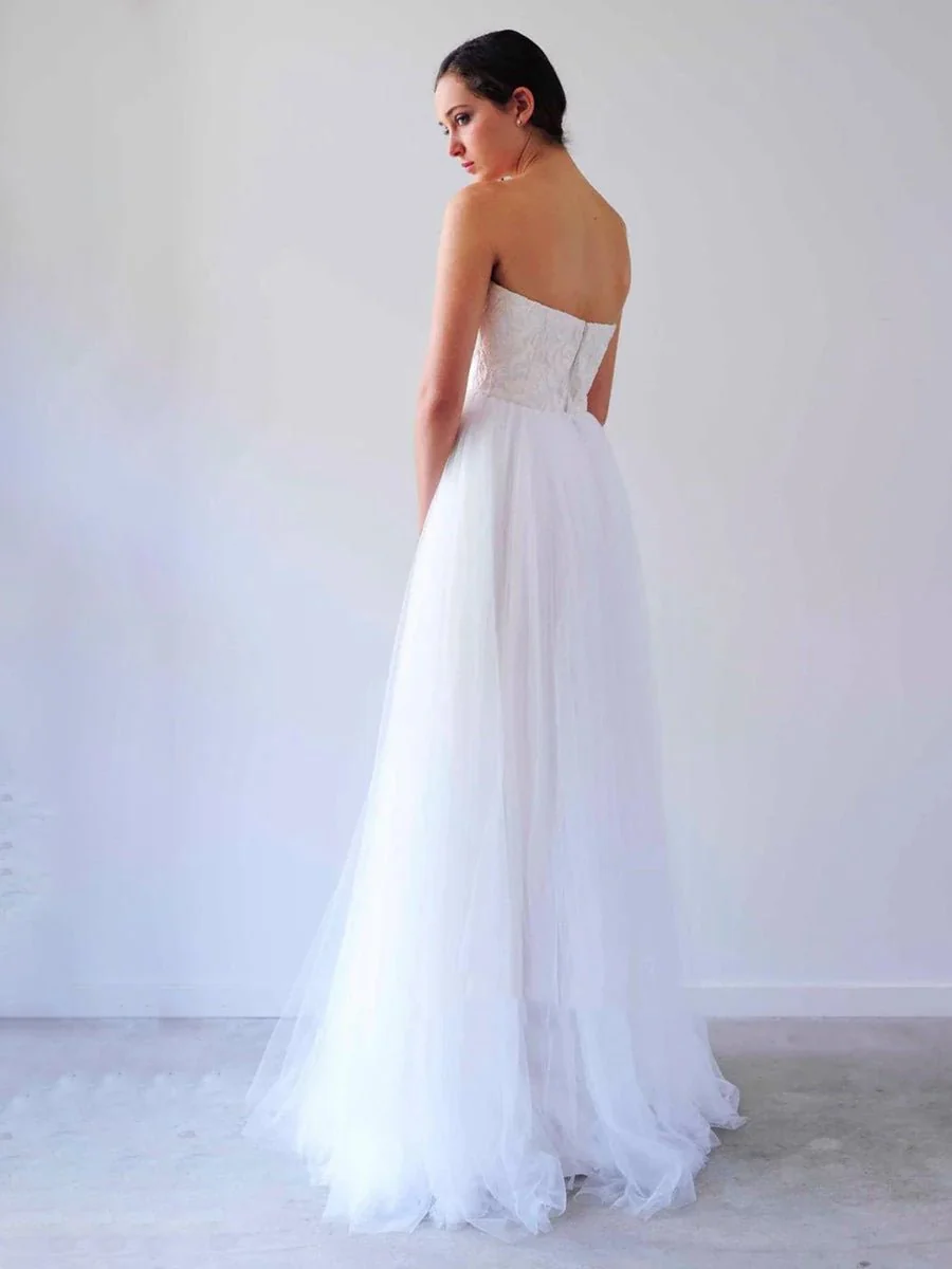 V Neck Sleeveless A-Line Long Tulle Backless White Wedding Dress