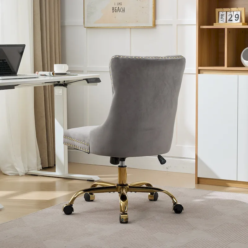 A&A Gray Velvet Tufted Home Office Chair with Golden Metal Base - Adjustable Swivel Desk Chair