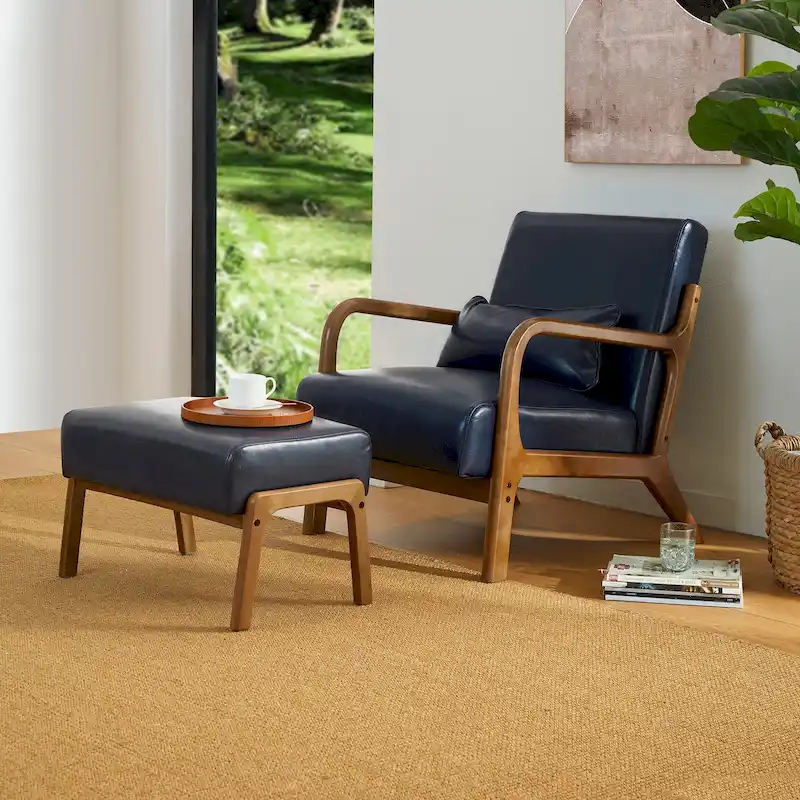 Glitzhome 30.75H Mid-Century Modern PU Leather Armchair Accent Chair with Pillow - 25.75W x 33.75D x 30.75H