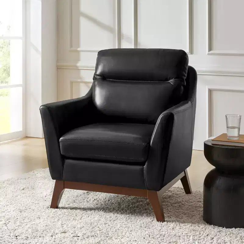 Black/Camel Mid-Century Modern Genuine Leather Armchair, Seats 1