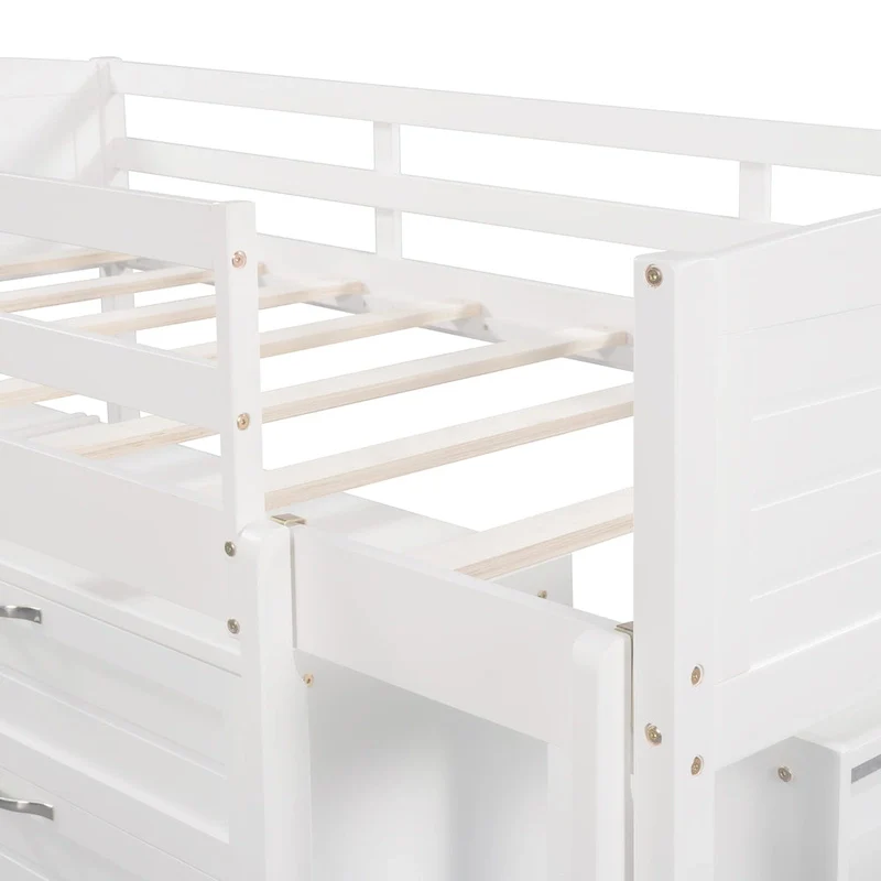Twin Low Loft Bed with Storage Cabinets, Shelves & Ladder – White / Gray / Espresso, Pine Wood, Single