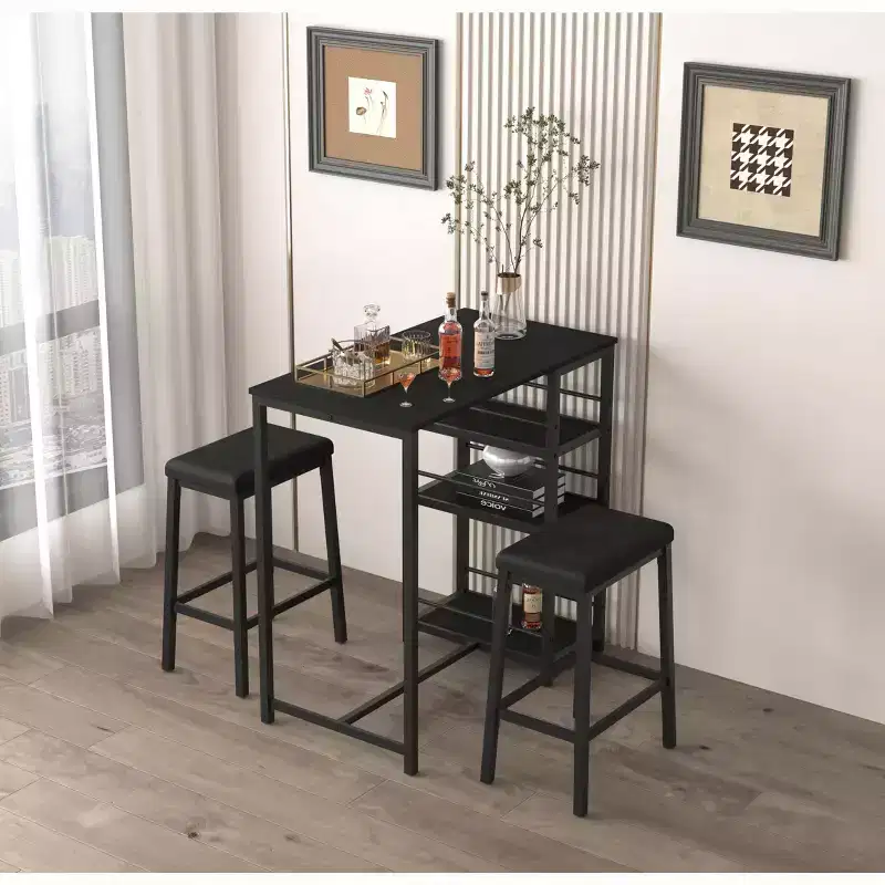 Dining Table Set for 2, Counter Height Bar Table Set with 2 Upholstered Stools & 3 Storage Shelves, Kitchen Table for Dining Room Compact Area