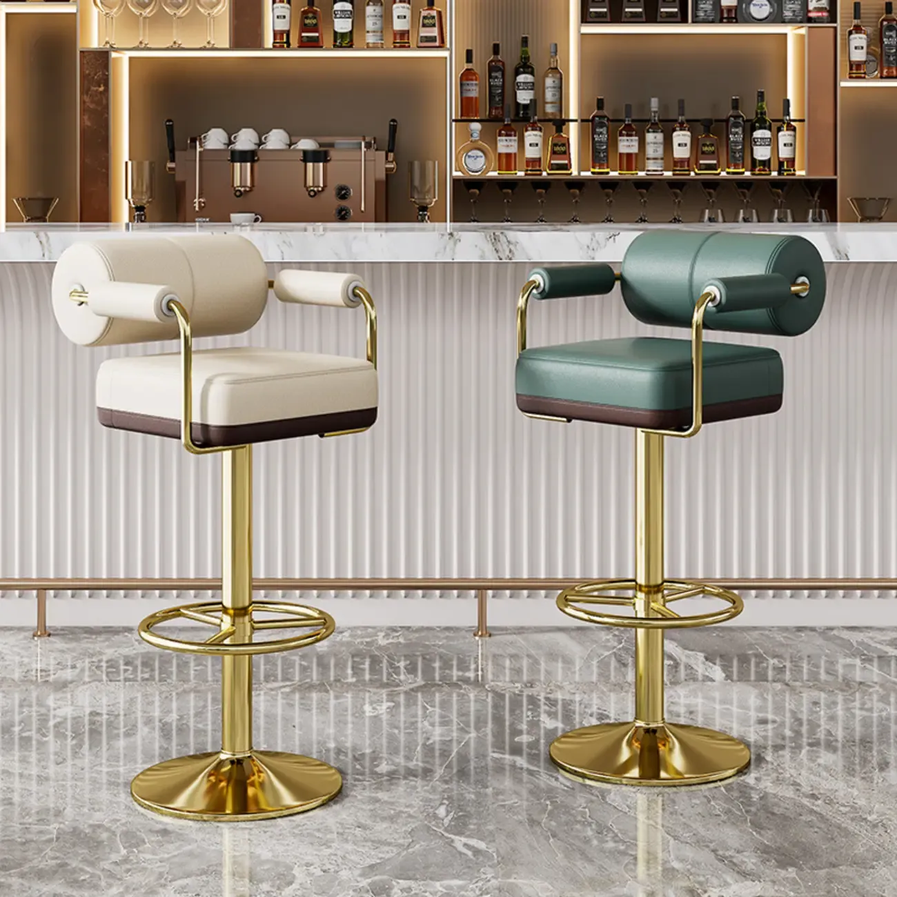 Square Adjustable Leather Gold Legs Swivel Bar Stools