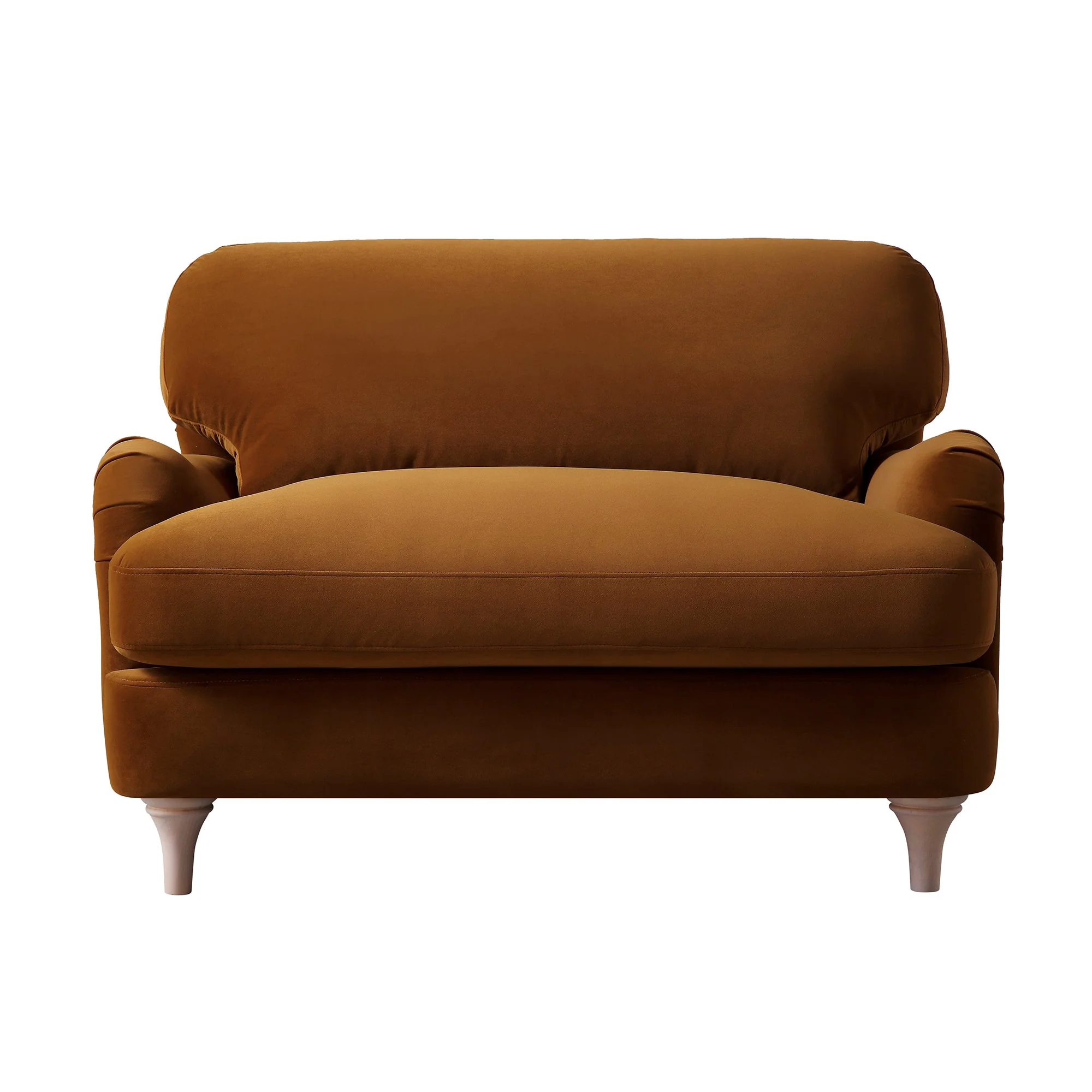 Traditional English Loveseat Sofa - Cinnamon Velvet, Curved Back, Hand Tufted Armrests, 1.5-Seater