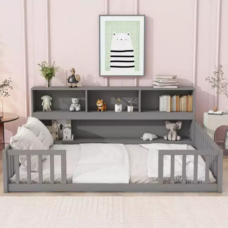 Bellemave Full Floor Bed with Side Bookcase and Shelves, Solid Wood Platform Bed with Guardrails and Easy Access Opening, Space-Saving Design, Grey