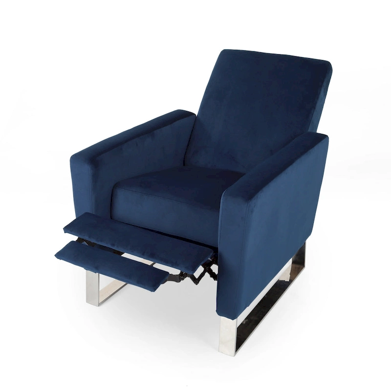 Reki Recliner Chair, Manual Push Back, Stainless Steel, Blue Velvet