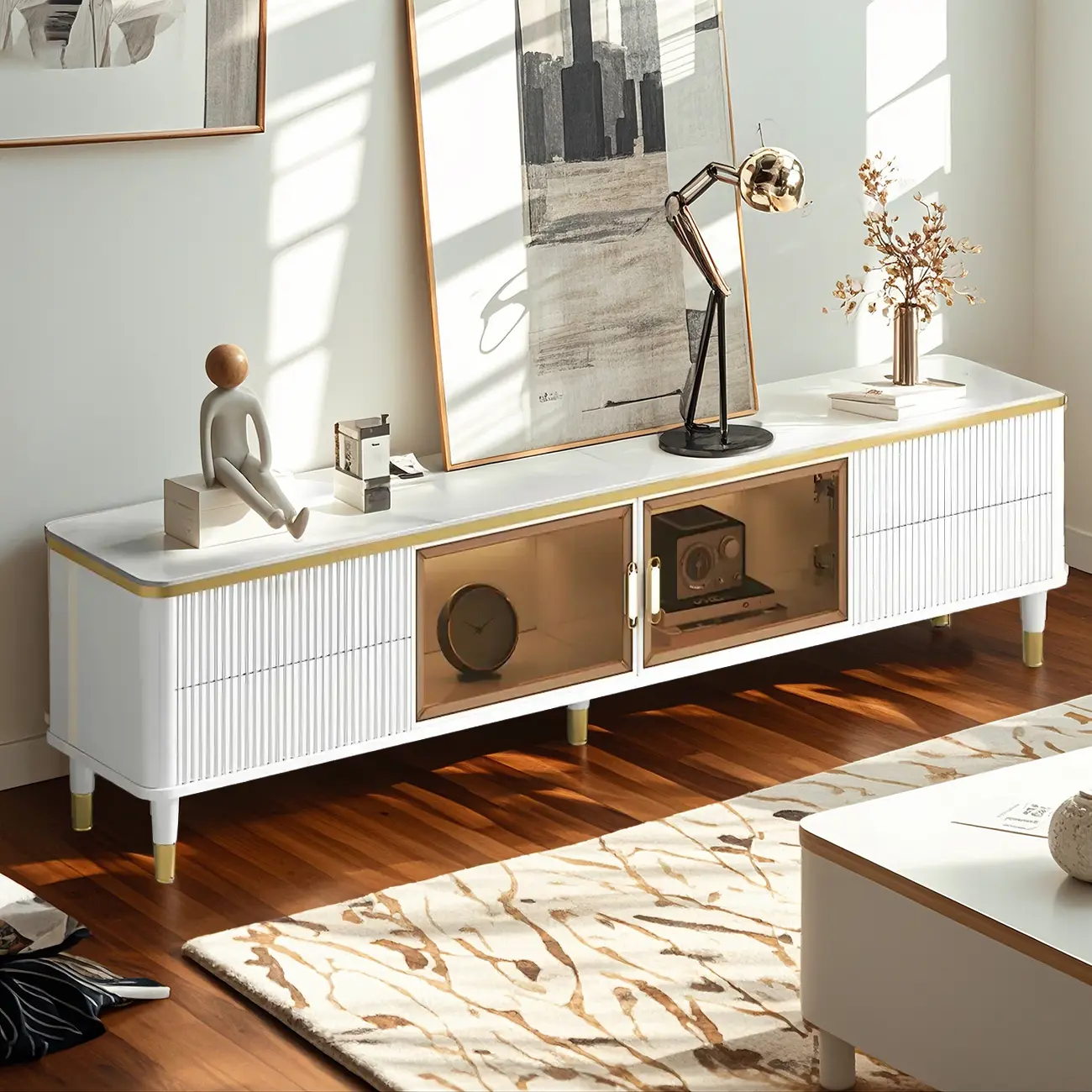 63 White Modern Stone Cable Management TV Stand with Storage