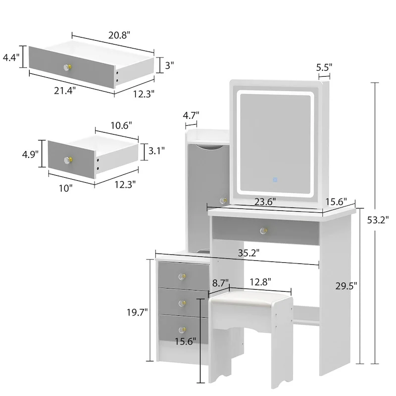 White/Grey & Black Lighted Vanity Desk Set with Mirror & Stool, Single User