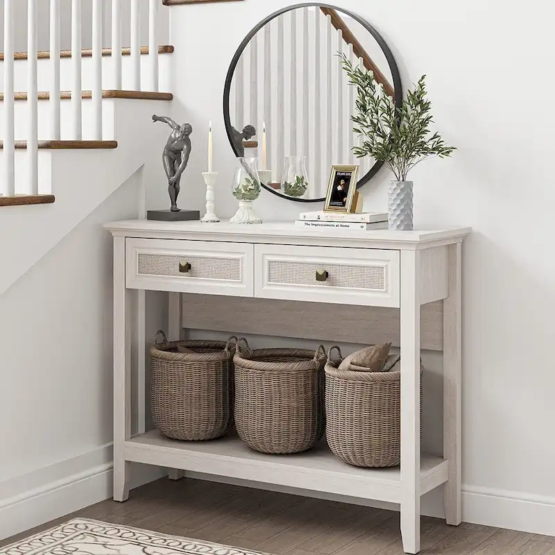 Boho Natural Rattan Console Table With Widened Tabletop & 2 Drawers