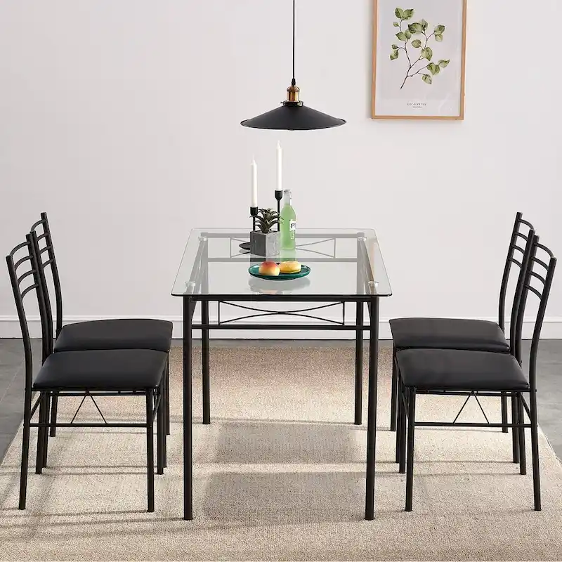 5-pieces Modern Dining Sets,Tempered Glass Table Top and 4 PU Chairs