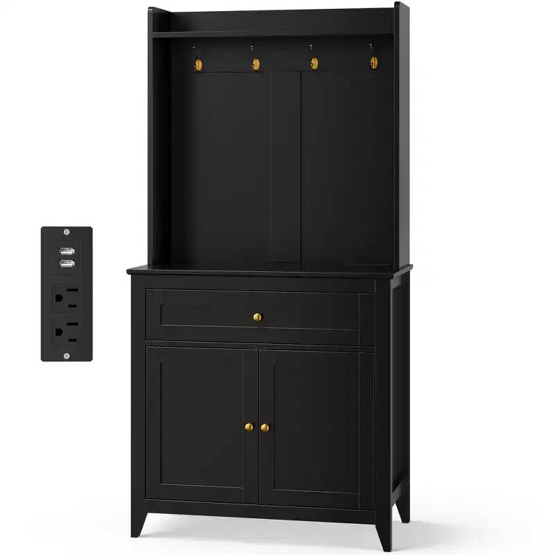 63'' Pantry Cabinet with 4 Hooks, 1 Large Drawer, Adjustable Shelves for Living Room, Dining Room