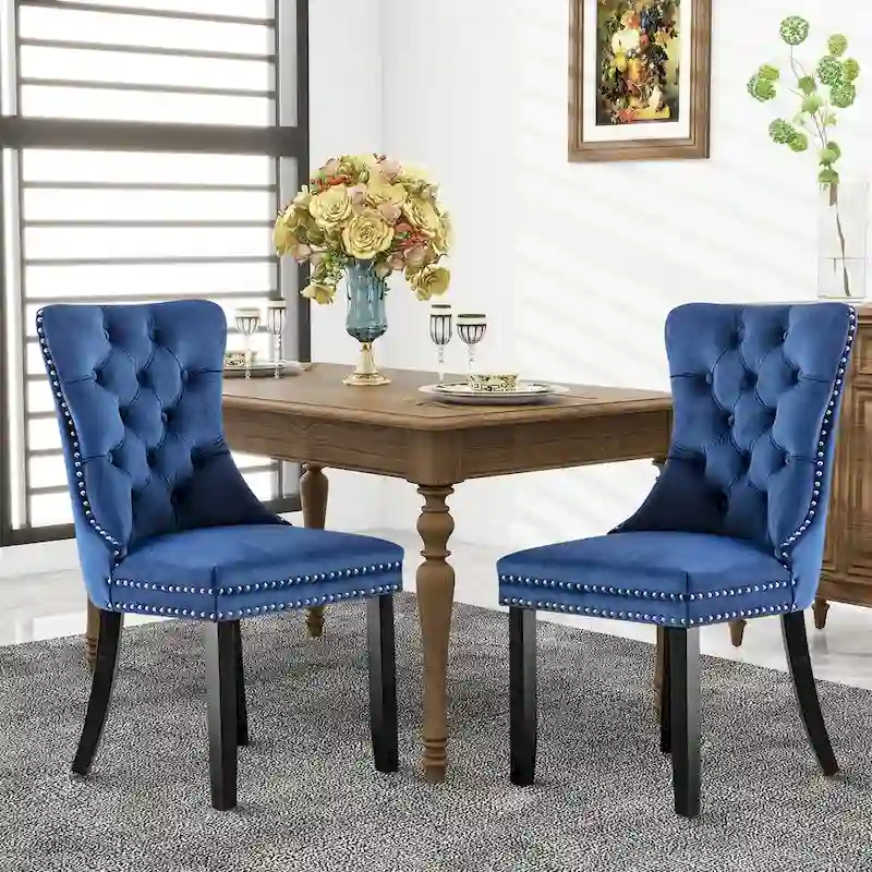 Velvet Dining Chairs, Tufted Solid Wood Armless Chairs Accent Chair with Nailhead Trim and Back Ring Pull