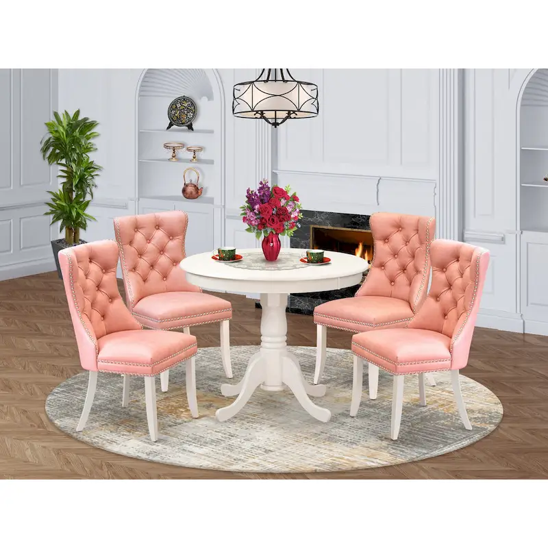 Dinette Set Consists of a Round Kitchen Table and Upholstered Chairs, Linen White (Pieces Options)