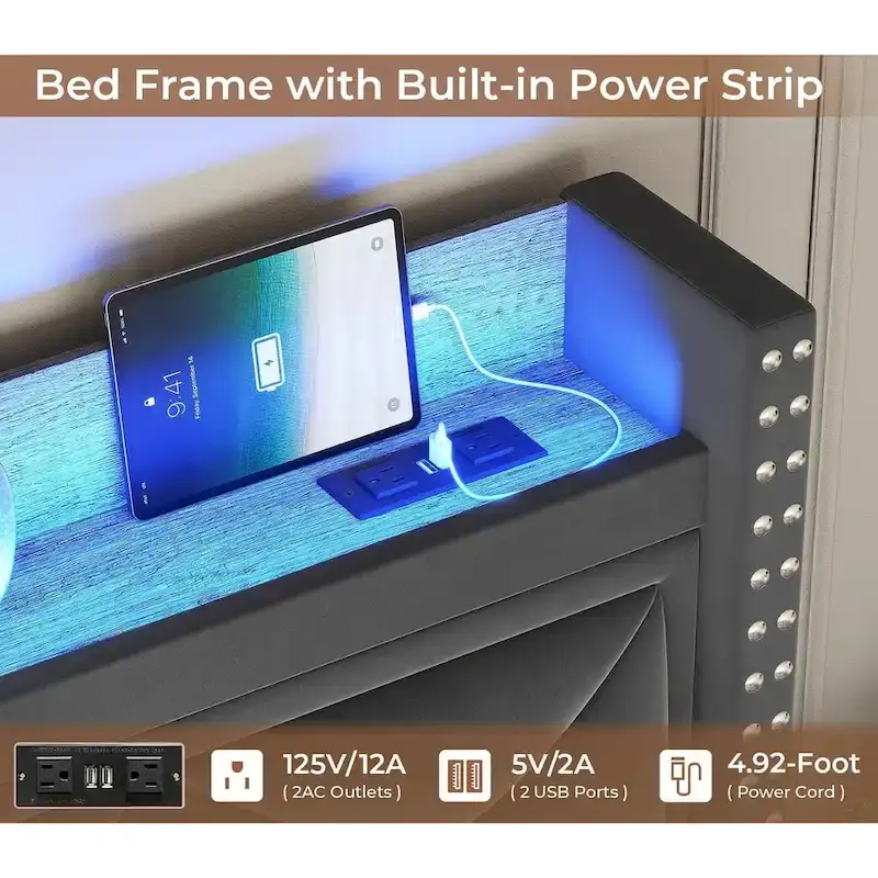 LED Bed Frame with 51.2 Tall Headboard Charging Station