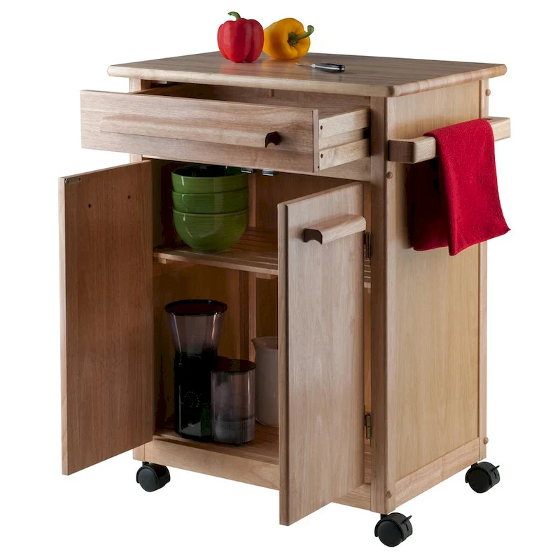 Natural Finish Rolling Kitchen Cart with Cabinet, Drawer & Towel Bar
