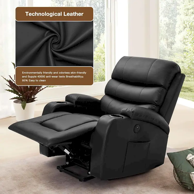 Oversized Power Lift Recliner with Massage & Heat PU Leather Chair with Pockets, Cup Holders & USB Port