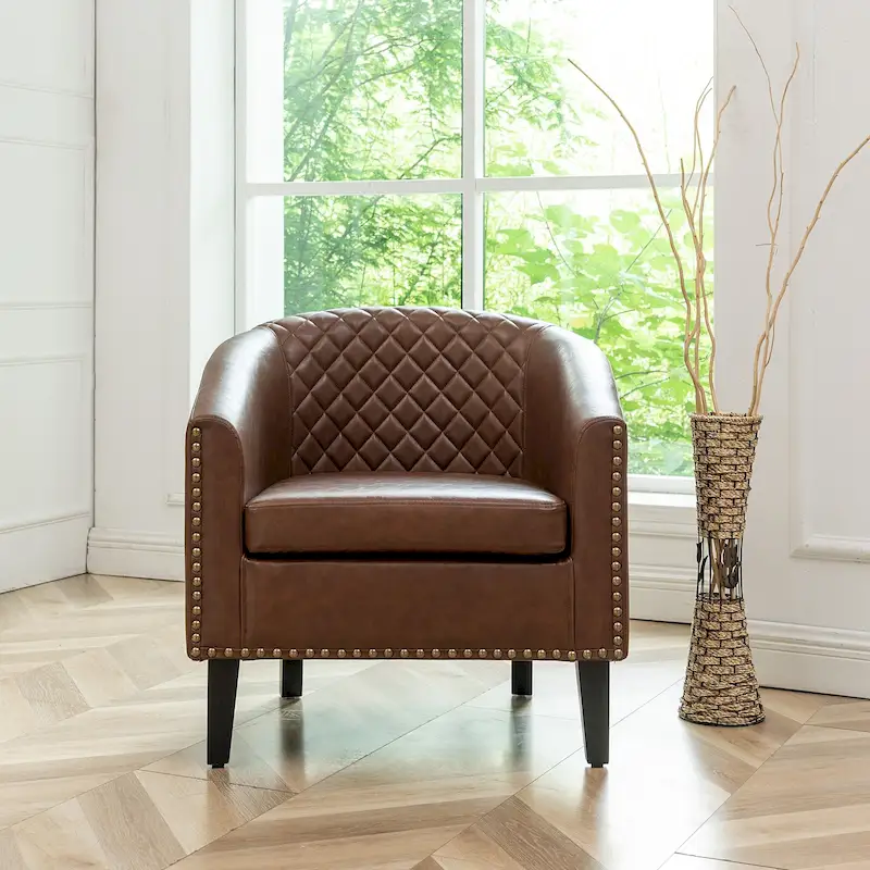 KINWELL PU Leather Tufted Barrel Chair Club Armchair with Nailheads