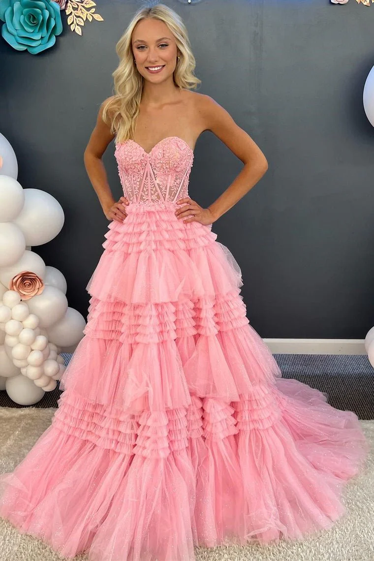 A-Line Sweetheart Tiered Long Tulle Prom Dress