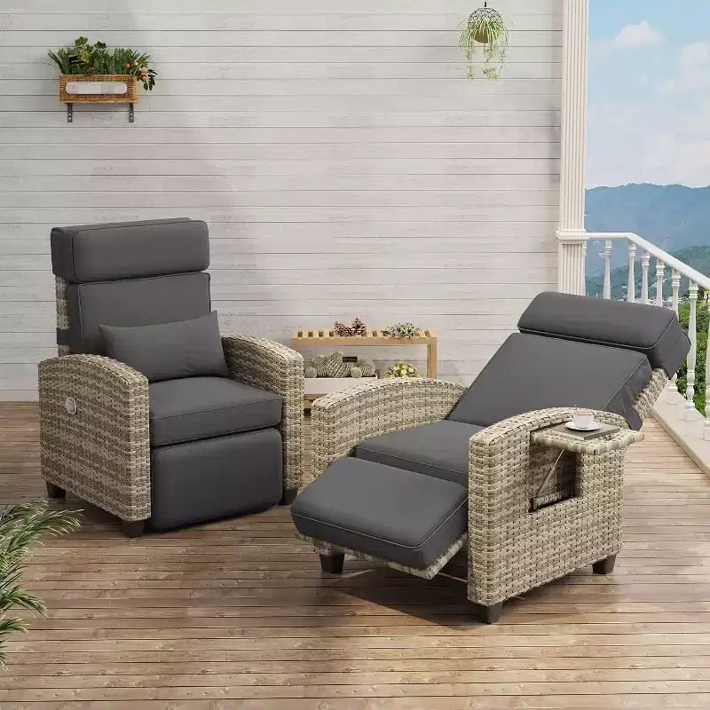 Acekool Outdoor Reclining Patio Chair Brown Wicker with Gray Cushions Adjustable Backrest Footrest Side Table for Patio