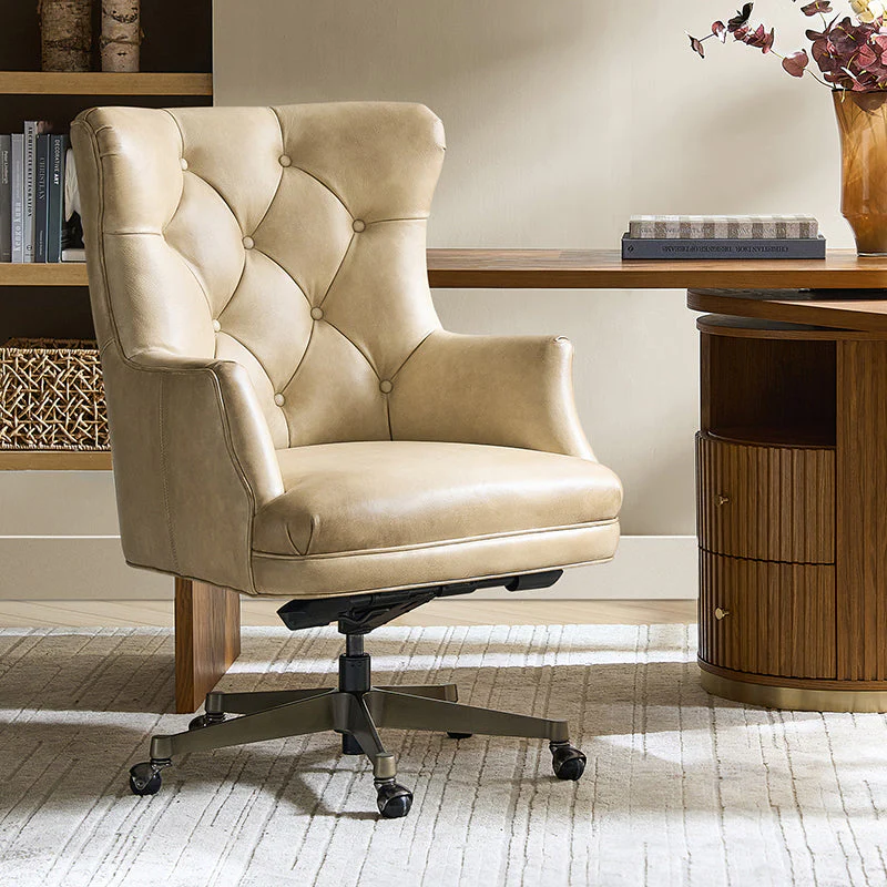 Genuine Leather Wingback Tufted Office Chair with Adjustable Height, Tilt Lock & Antique Bronze Base | Beige / Camel | Single Seat