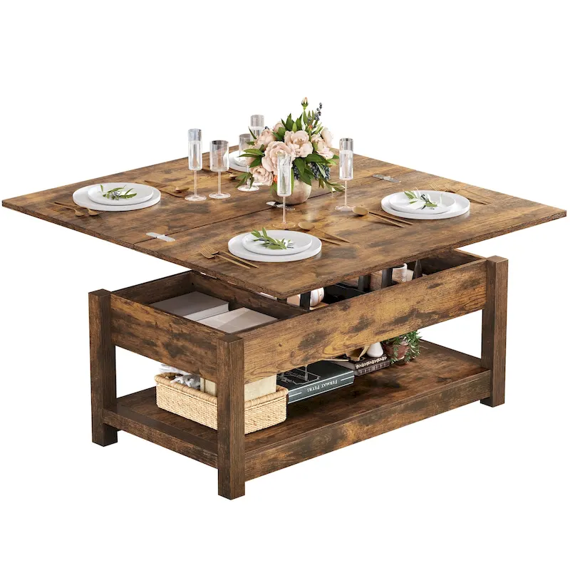 Brown / Grey / Black Lift-Top Coffee Table with Hidden Storage, Seats 6-8