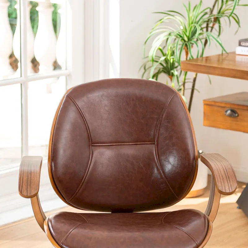 PU Leather Swivel Office Chair with Bamboo Armrests – Cocoa / Brown / Black, Mid-Back, Single User