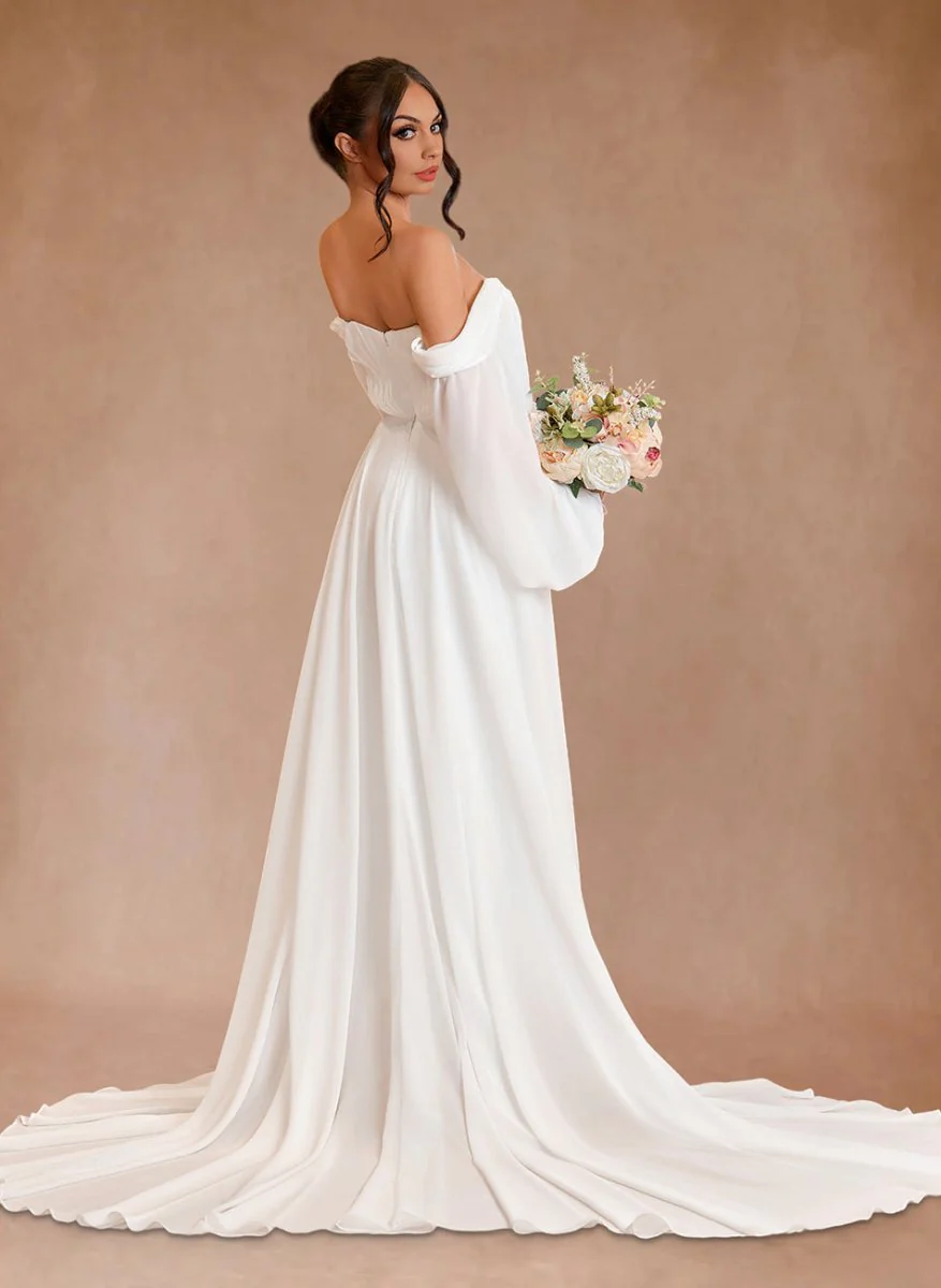 A-Line Sweetheart Long Sleeves Chiffon Sweep Train Wedding Dress