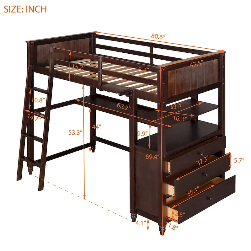 White / Grey / Espresso Pine Wood Twin Loft Bed with Desk, 6 Drawers and Shelves – 1-Person