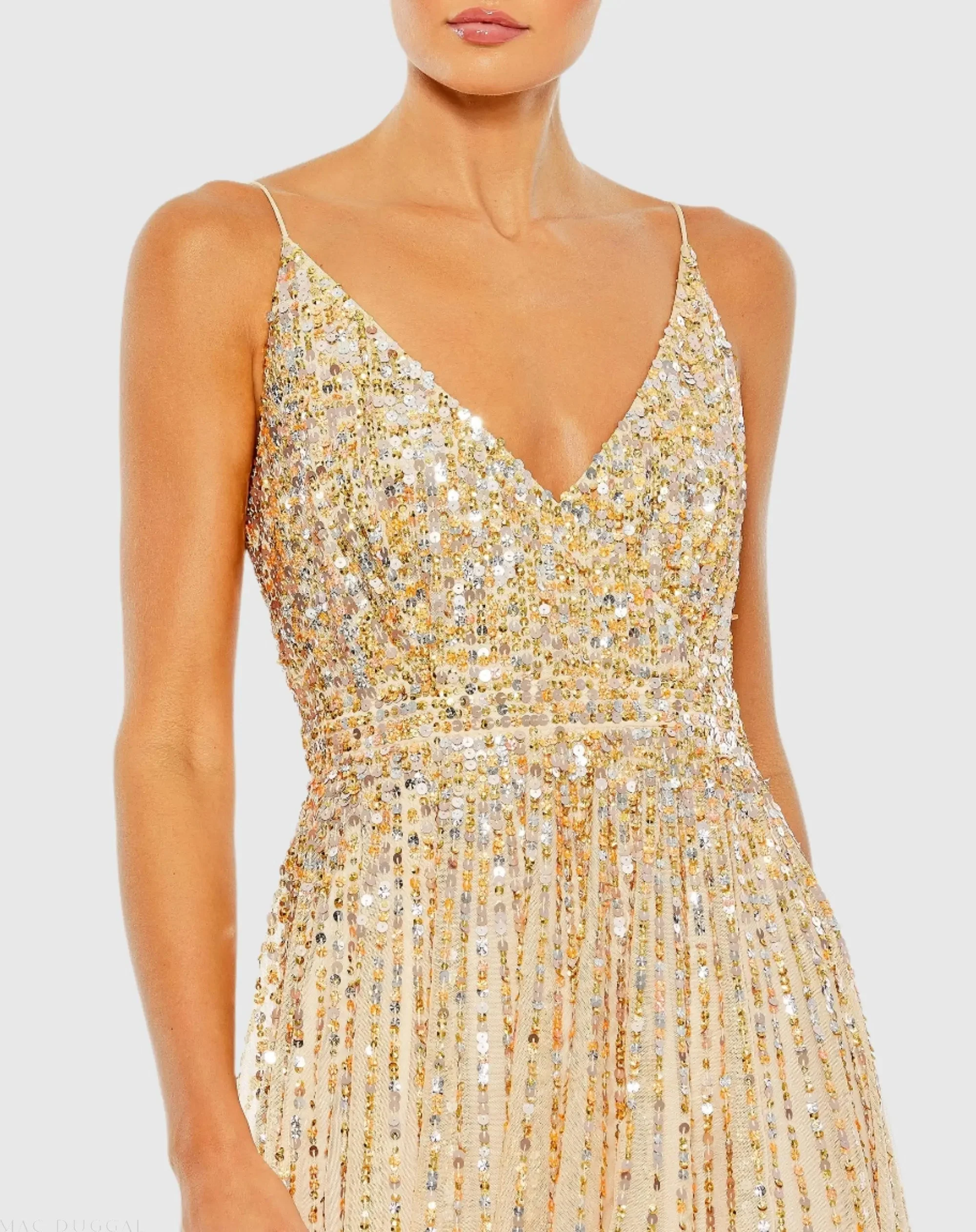 Beige Sequined Sleeveless Wrap Over A Line Gown