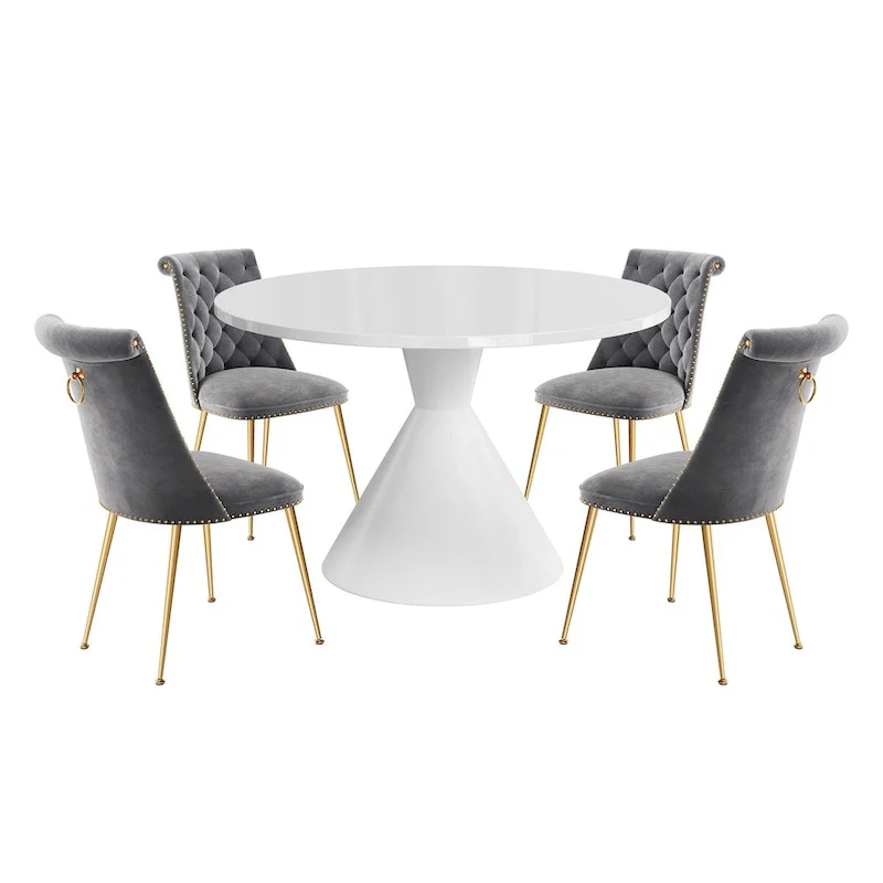 48  Light Luxury White High Gloss Large Countertop Dining Table with Velvet Dining Chair Set