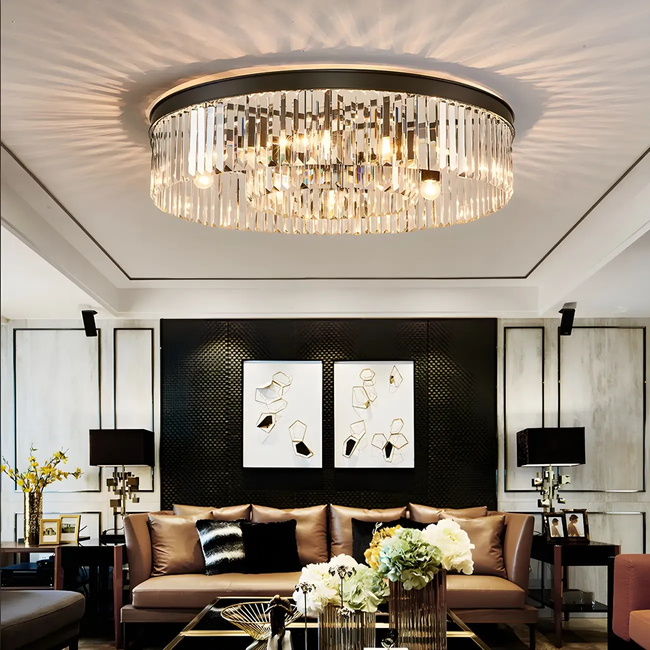 Modern Black Large Crystal Flush Mount Ceiling Light