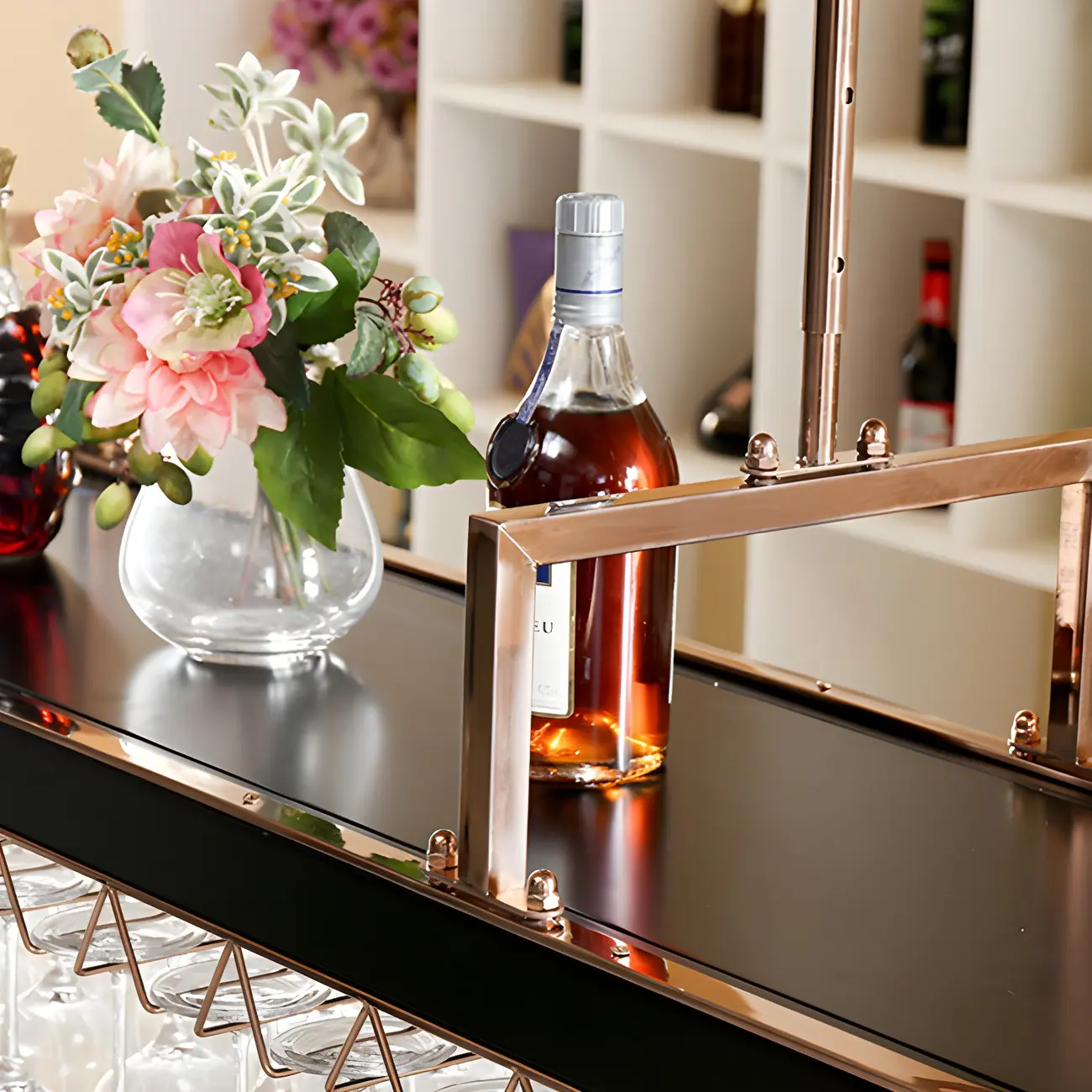 Elegant Black Hanging Wine Rack with Glass Holder