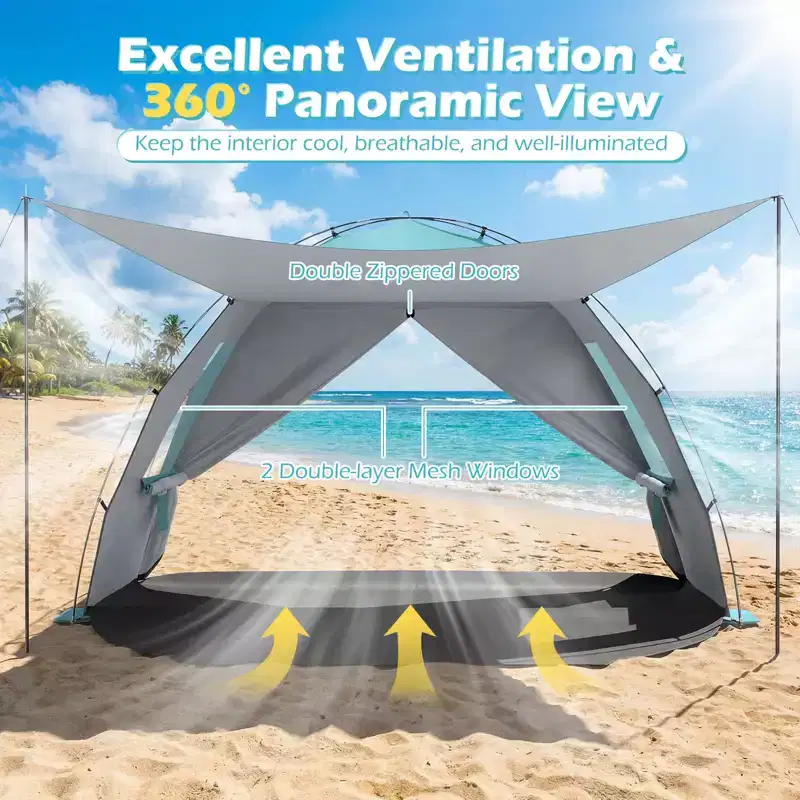 Costway Beach Tent Sun Shelter with Canopy Pop-Up 5-6 Person UPF50+ Sun Protection Green/Blue