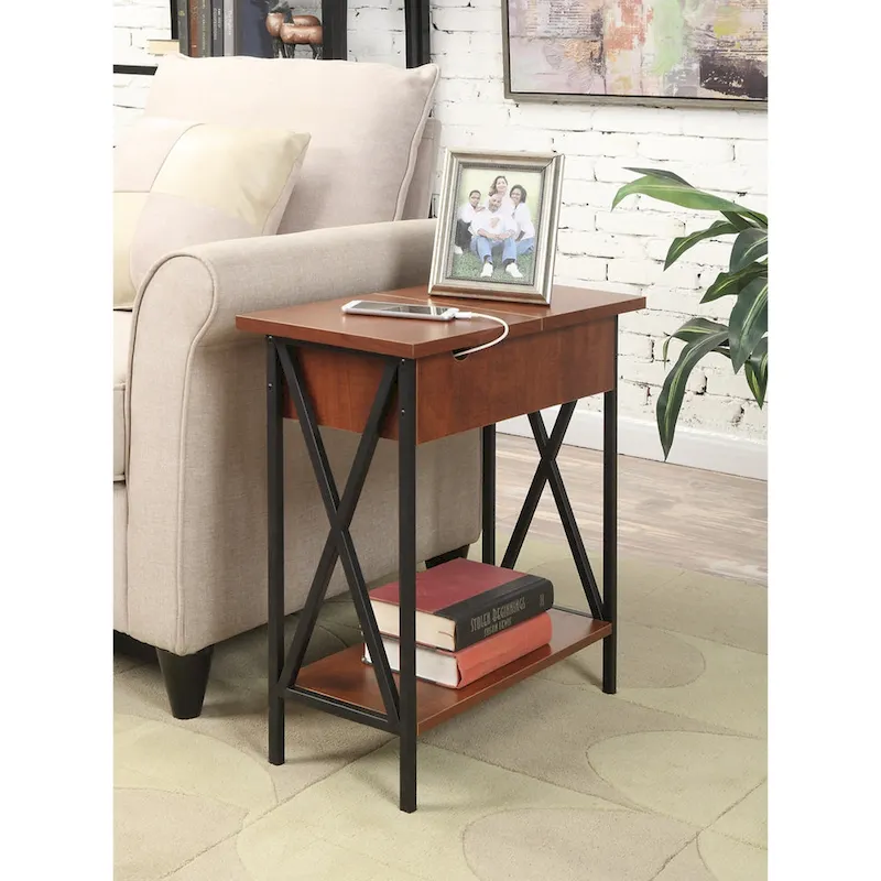 Tucson Flip Top End Table with Charging Station and Shelf