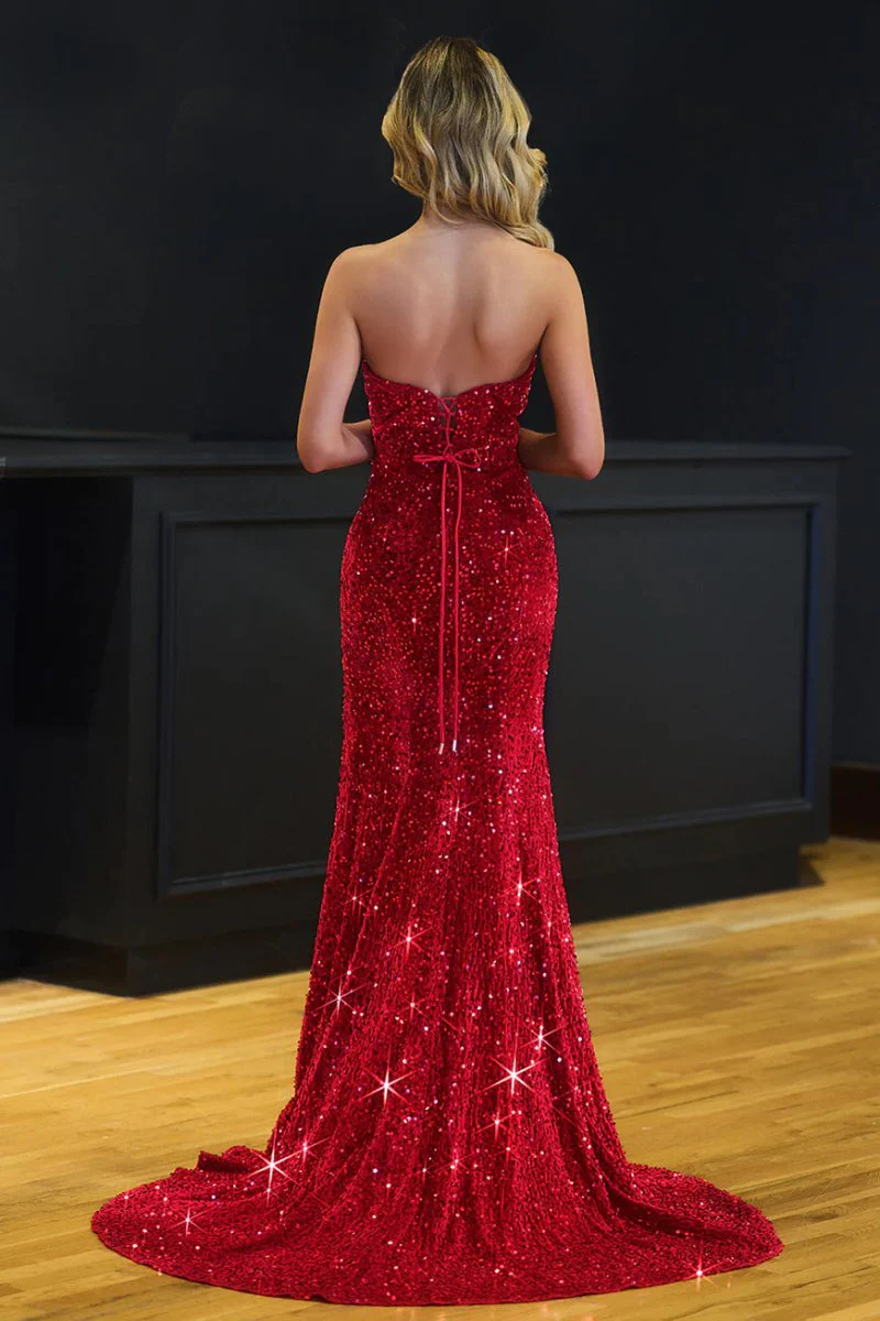 Mermaid Strapless Sequins Long Prom Dress with Slit