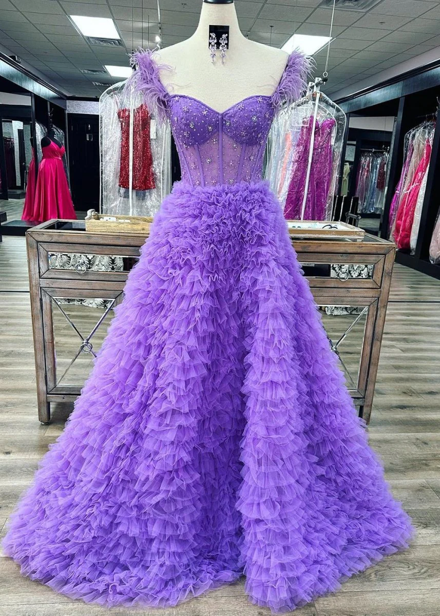 A Line Sweetheart Tiered Tulle Long Prom Dress With Slit
