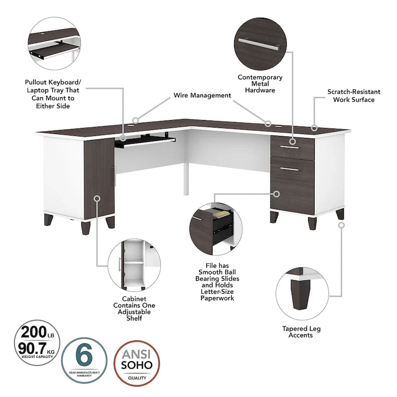 Somerset 72W L Shaped Desk with Hutch, Cabinet and Bookcase in Gray