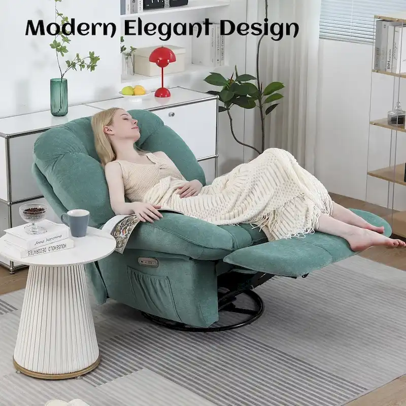 Swivel Power Recliner Chair, Massage Rocker with Heat, USB, USB-C and Side Pocket
