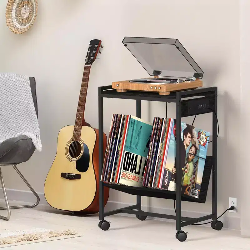 Oumilen 2-Tier End Table Record Player Stand with Charging Station and Vinyl Storage Shelf, Black