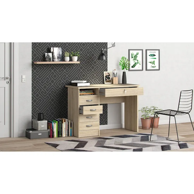 Oak / White / Black Woodgrain 5-Drawer Home Office Desk – 1-Person