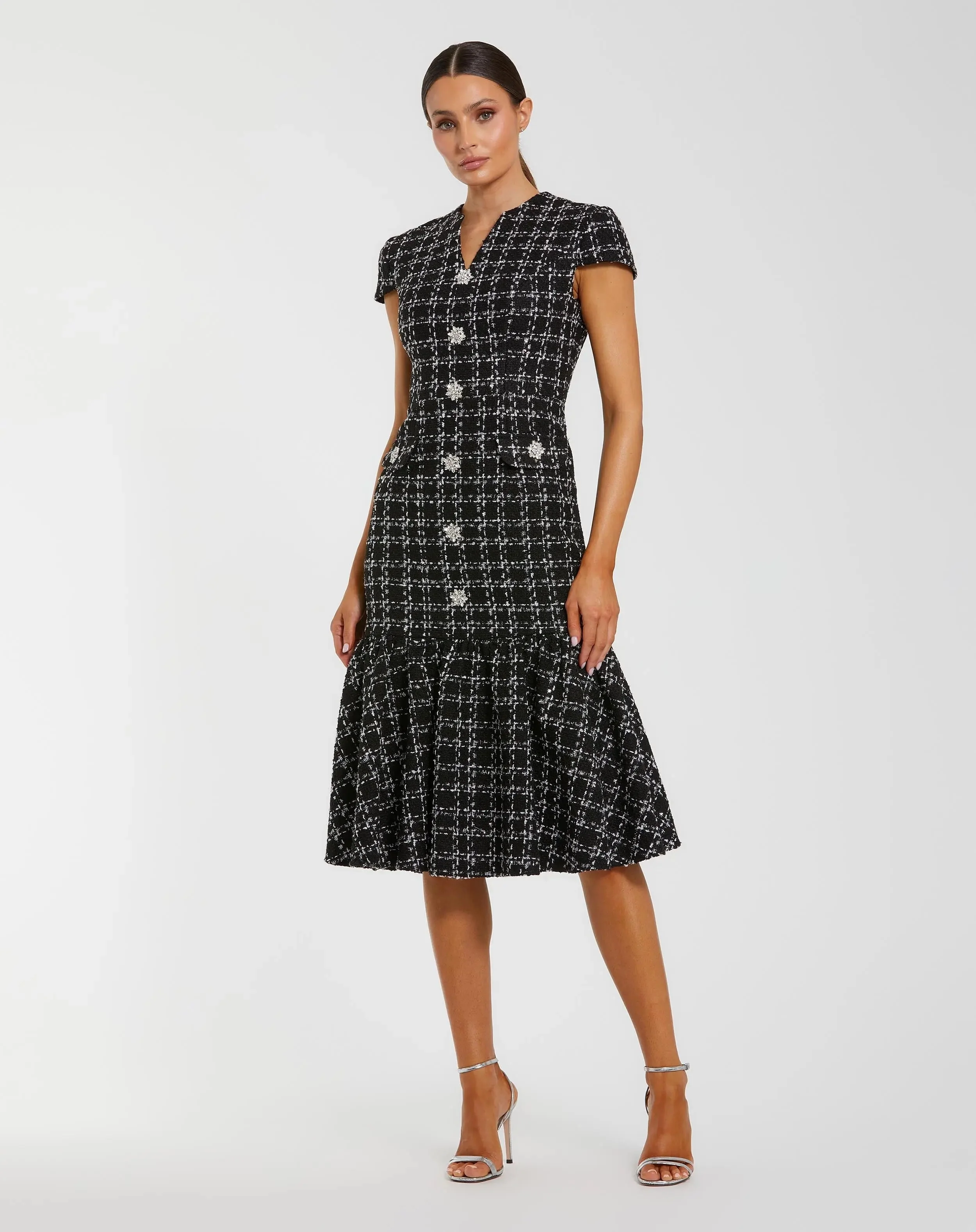 Black Cap Sleeve Boucle A Line Midi Dress
