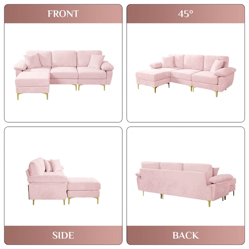 Upholstered Velvet Sectional Sofa with Pillows & Ottoman