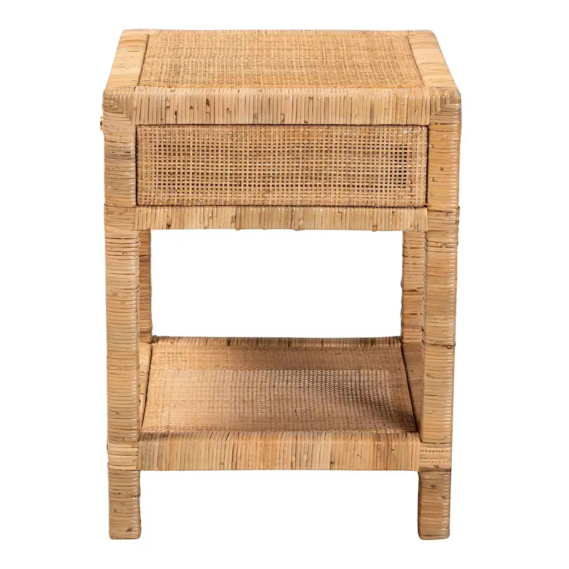Adelia Modern Bohemian Natural Rattan and Mahogany Wood 1-Drawer Nightstand