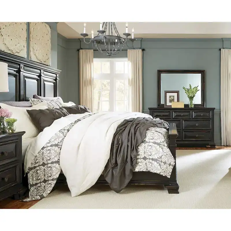 4-piece Vintage Black Wood Panel Bedroom