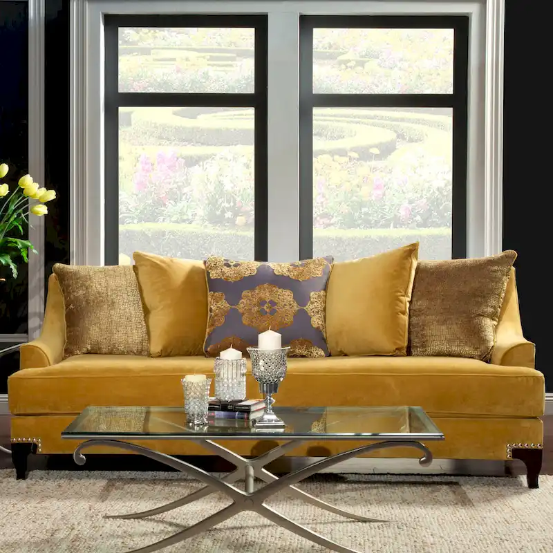 Contemporary Velvet Upholstered Sloped Arm Sofa