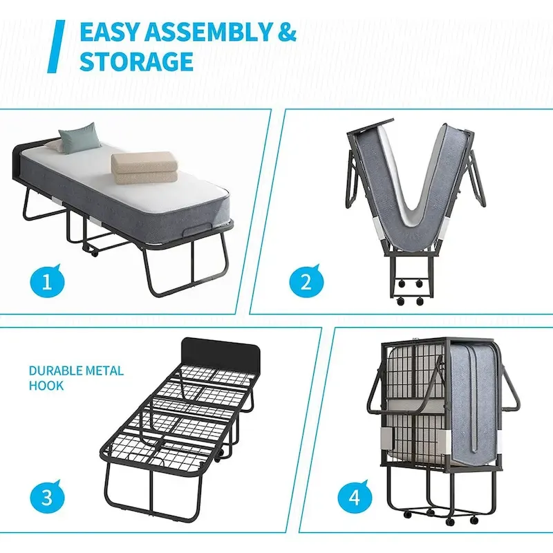 Space Saving Fold up Bed with Mattress & Wheels